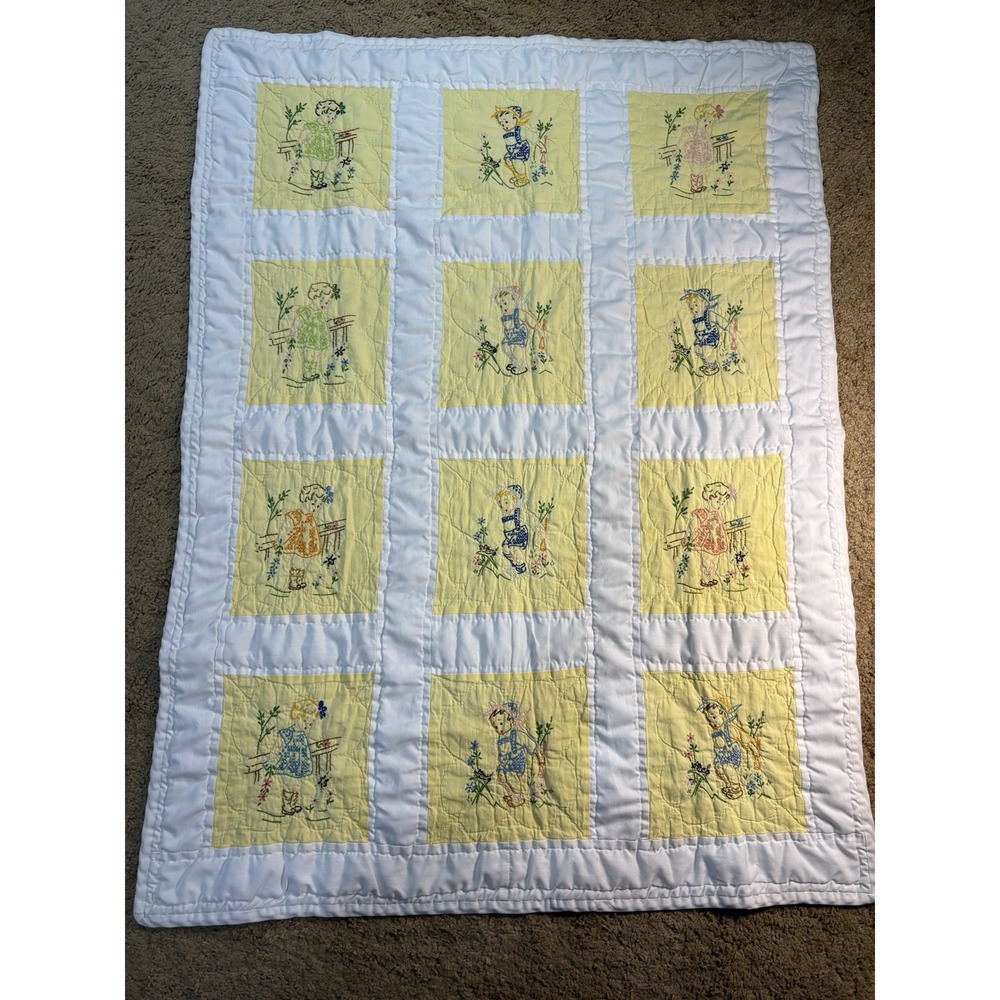 Vintage Hand Embroidered Baby Crib Quilt Yellow White Cotton Nursery 38.5x29